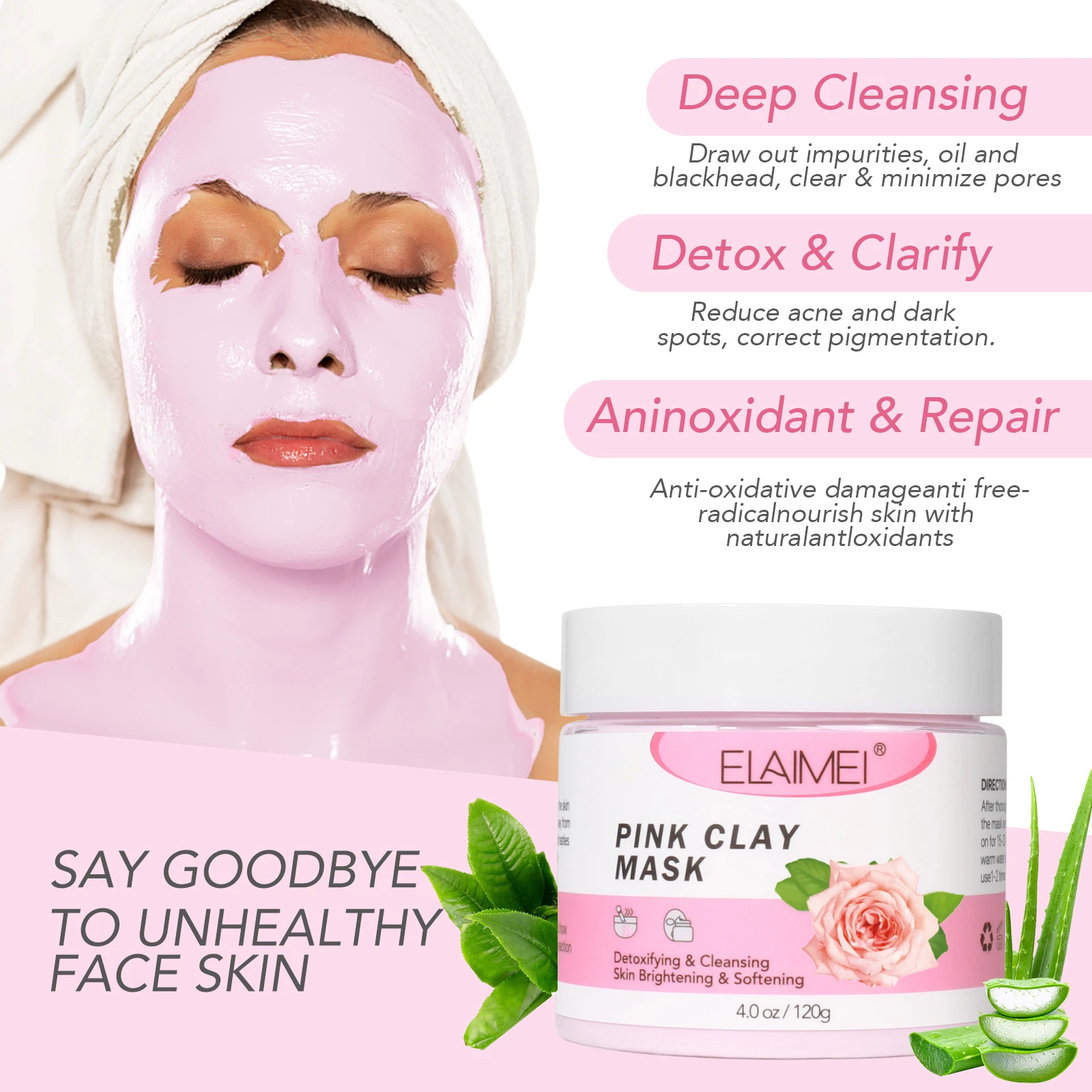 ELAIMEI rose masque Facial hydratant en profondeur, contrôle de l'huile, détoxifiant, nettoyant, éclaircissant, réparation, boue